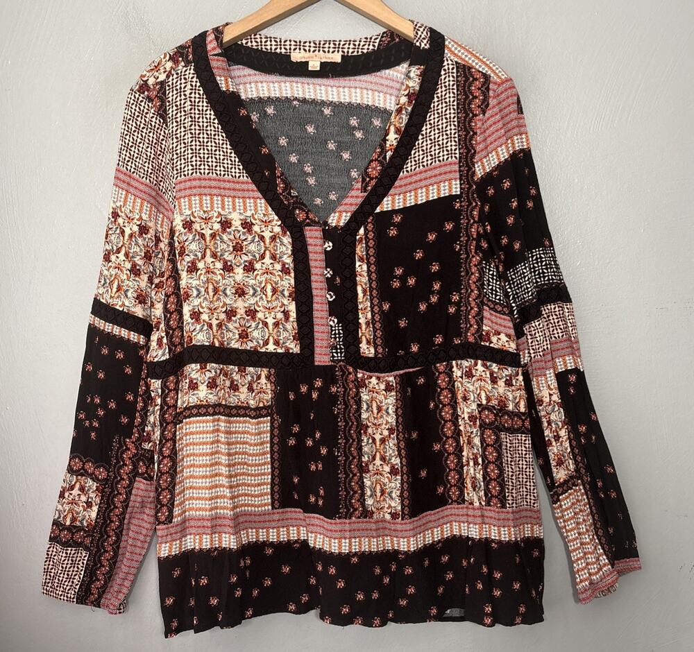 Gibson Latimer Patchwork Top Size Large Babydoll Hippie Boho Whimsigoth Peasant
